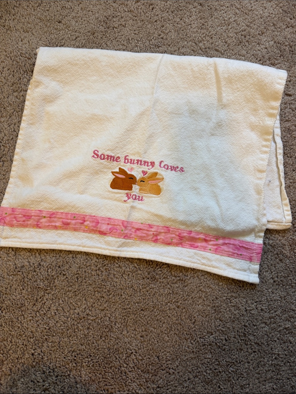 White Kitchen Towel with Pink Bunny Embroidery